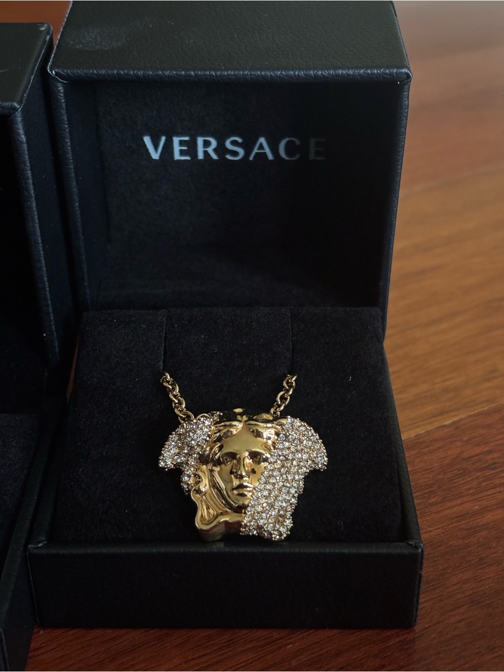 Versace Gold Medusa Pendant Necklace with Clear Crystals